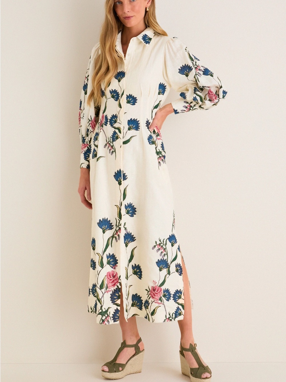 Tuckernuck Belle Bouquet Floral Button-Front cotton Linen Midi Dress